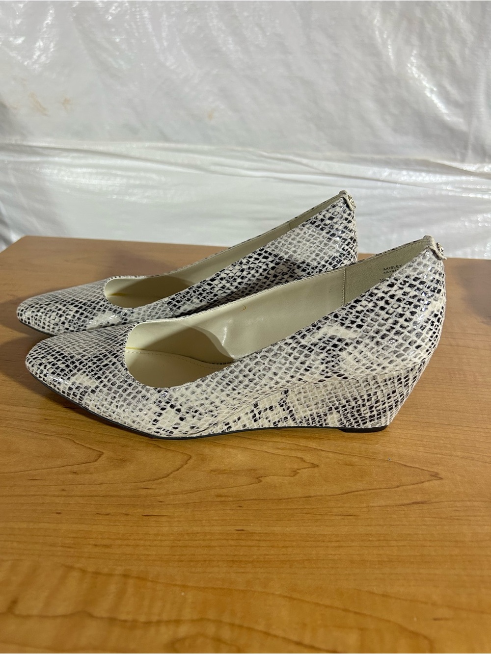 Anne Klein White and Black Snake-Print Wedge Pumps